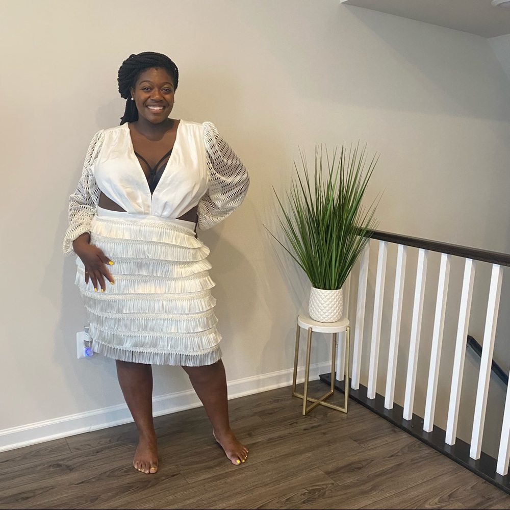 Fashion to Figure Off White Crochet Sleeve Fringe Dress